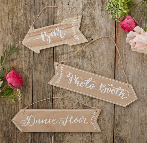 Wooden Party Direction Arrows for Weddings or Events.  Bar, Photo Booth and Dance Floor
